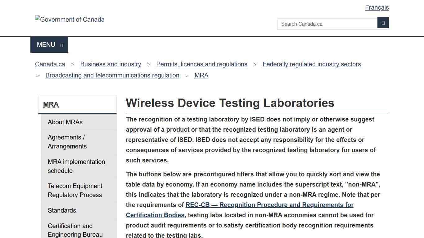 Wireless Device Testing Laboratories - Mutual Recognition Agreements/Arrangements